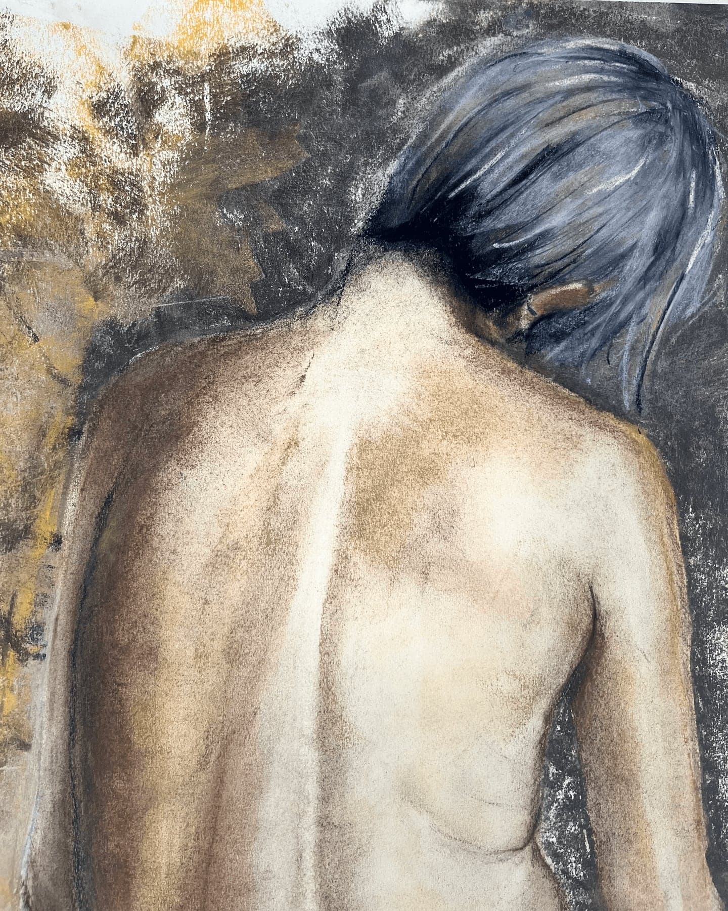 Close crop of a traditional back study with textured charcoal, pastel, and blue-gray hair.