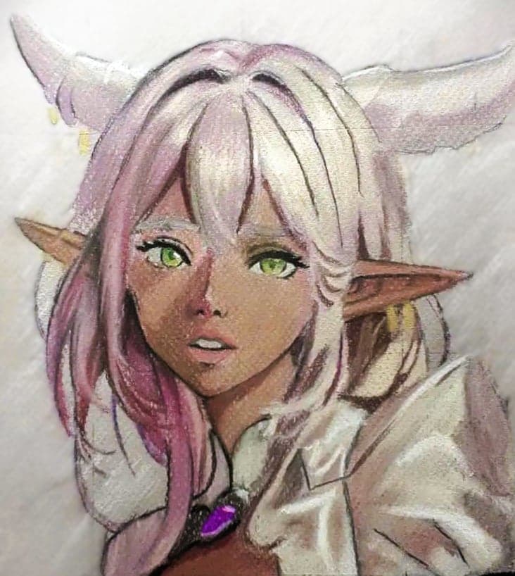 Pastel character portrait with pale hair, green eyes, and delicate fantasy details.