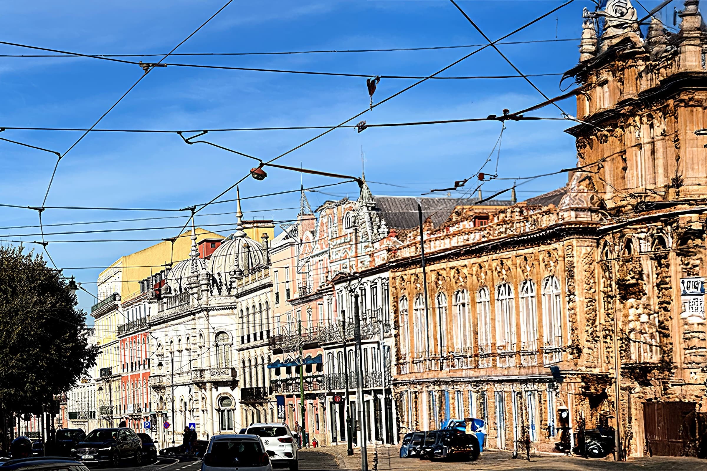 Tram cables cross a bright Lisbon sky above ornate buildings and a sunlit street.