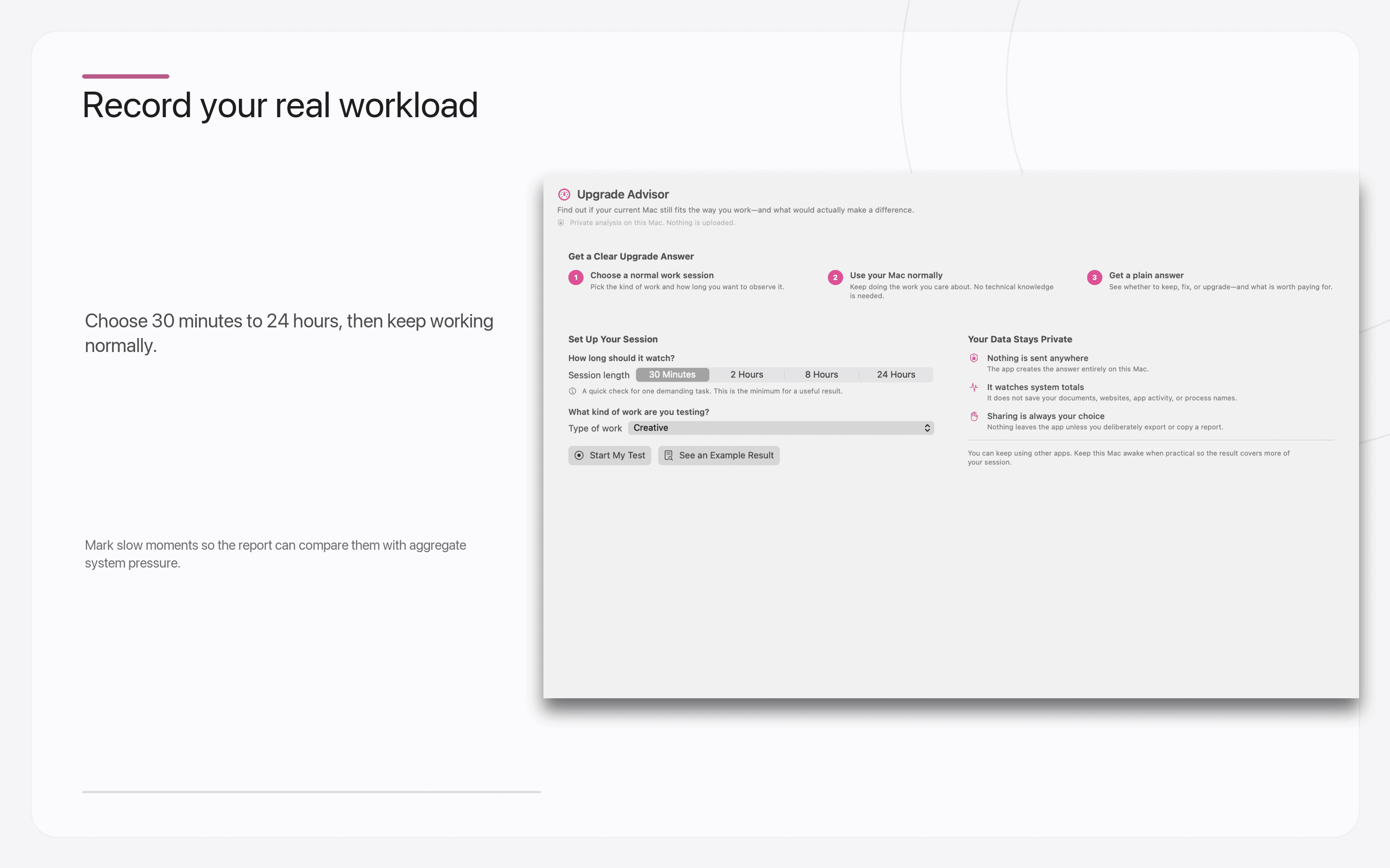 System Vitals Monitor recording an Upgrade Advisor session with a control for marking a slow moment.