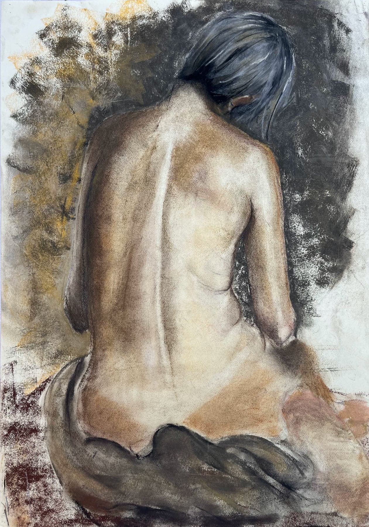 Traditional figure study of a seated back in charcoal, pastel, and warm earth tones.