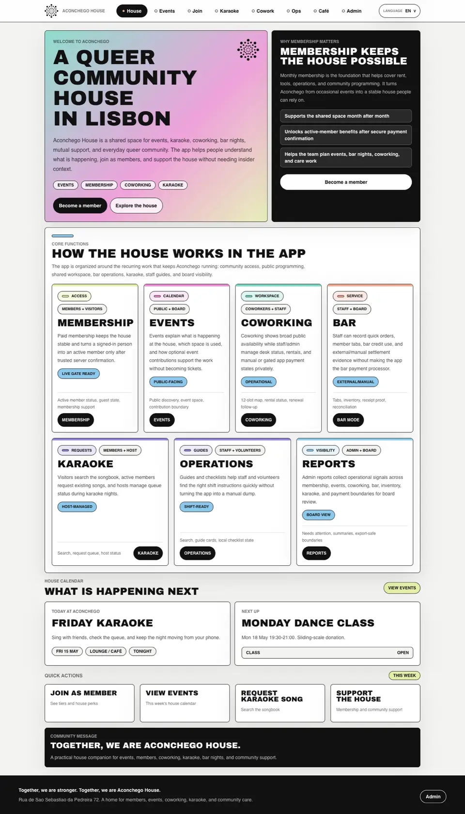 An earlier Aconchego House interface study showing membership, events, coworking, bar, karaoke, operations, and reports sections.