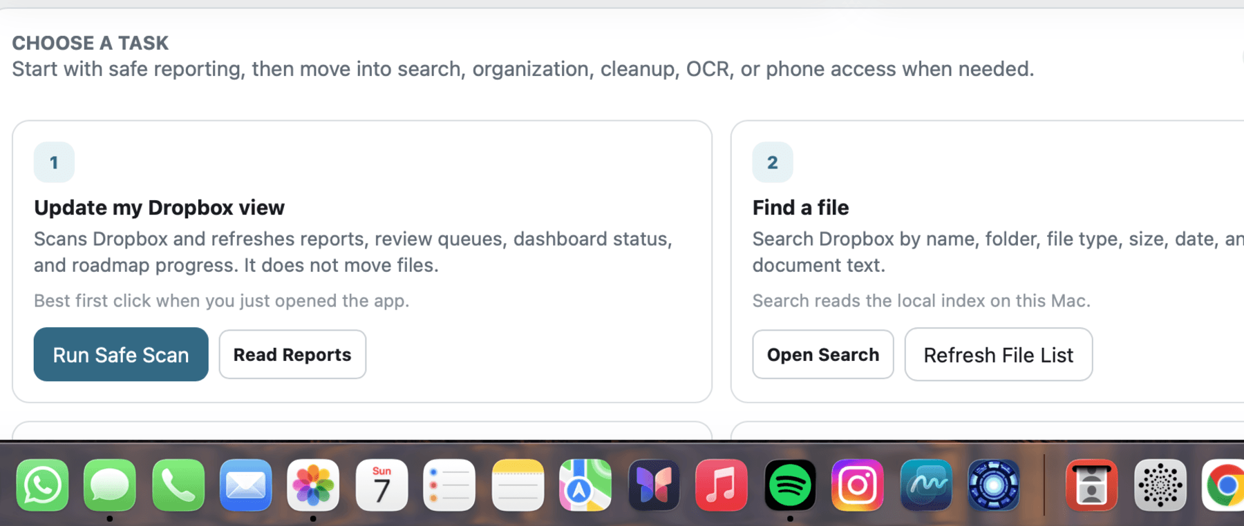 An earlier cropped Filing Studio workflow showing safe scan, file search, reporting, OCR, cleanup, and review-first actions.