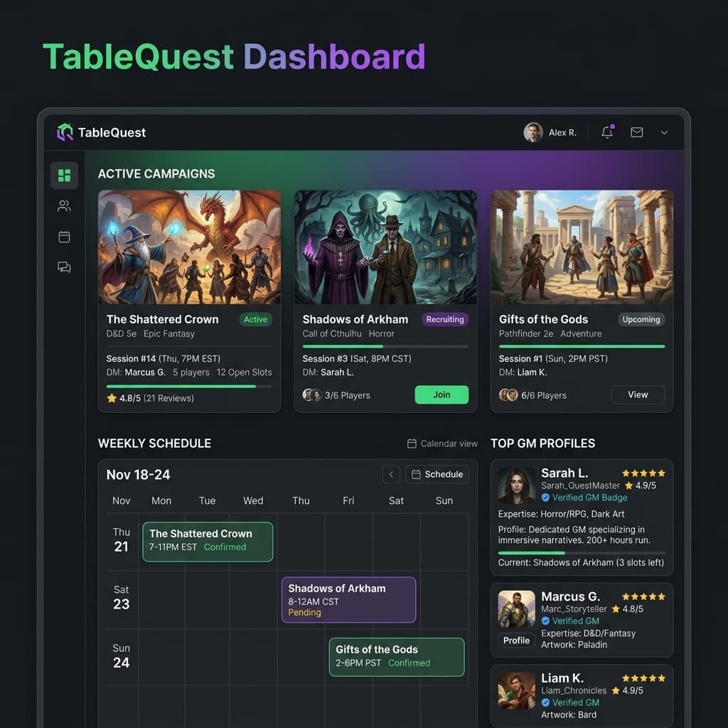A dashboard interface mockup for the TableMatch tabletop RPG marketplace, showing campaign listings, schedule grids, and GM information.