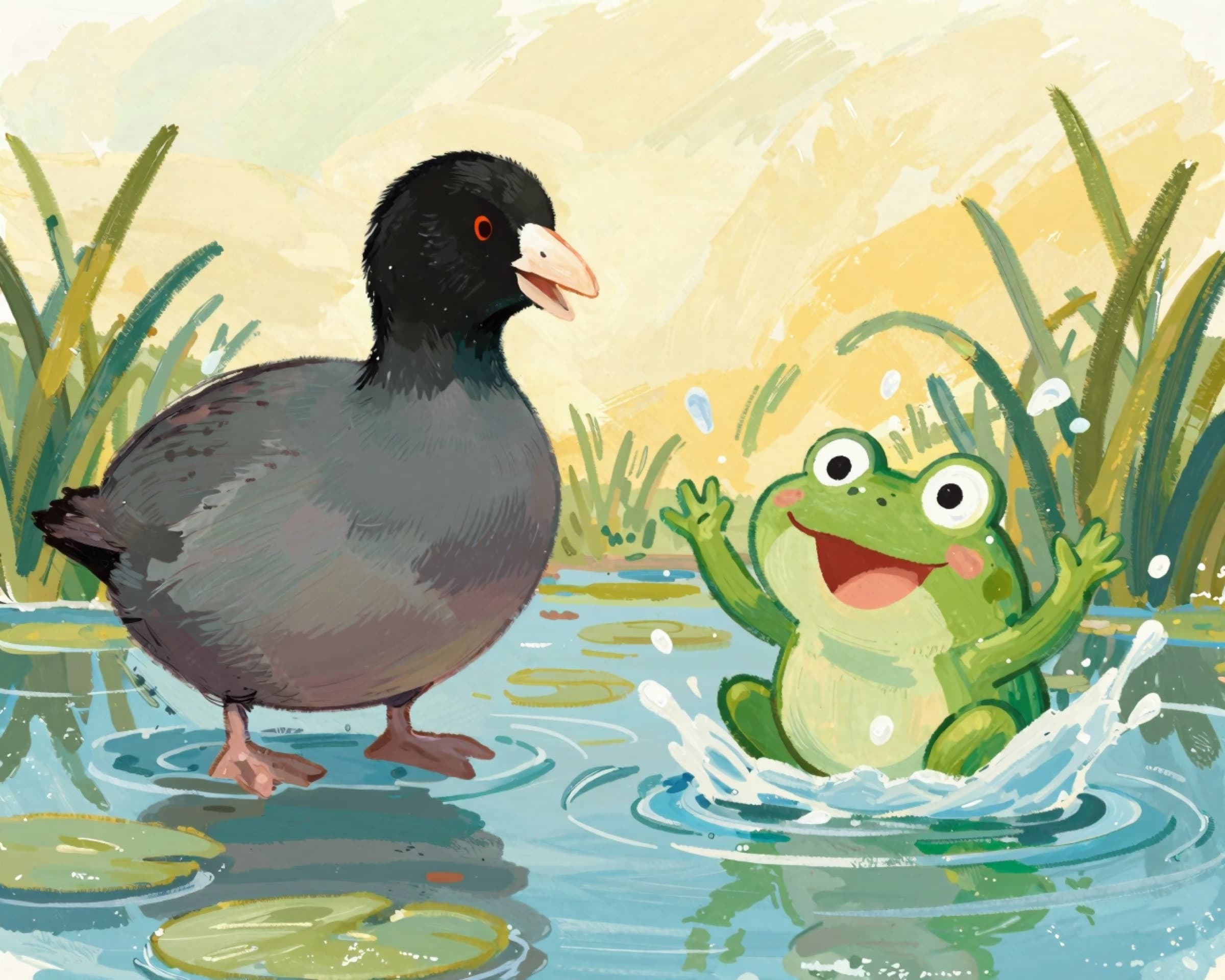 A bright storybook marsh scene with a black bird and a smiling frog in pale water.