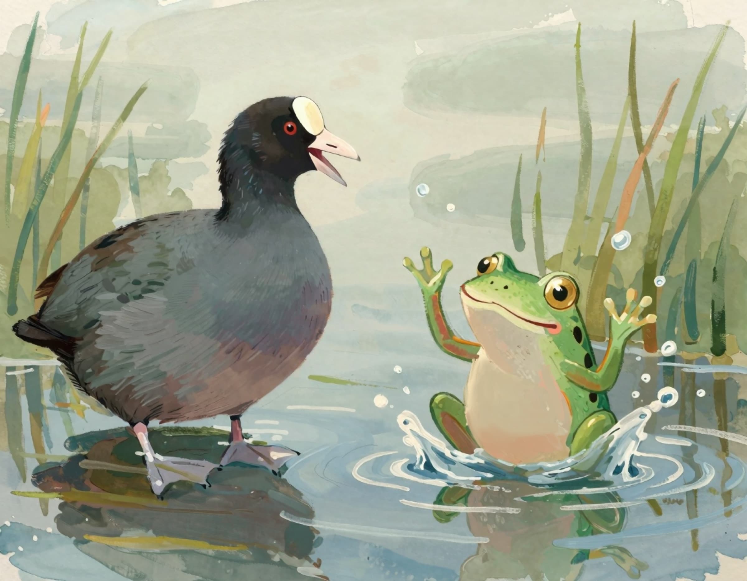 A soft children's book illustration of a black water bird meeting a green frog in reeds.