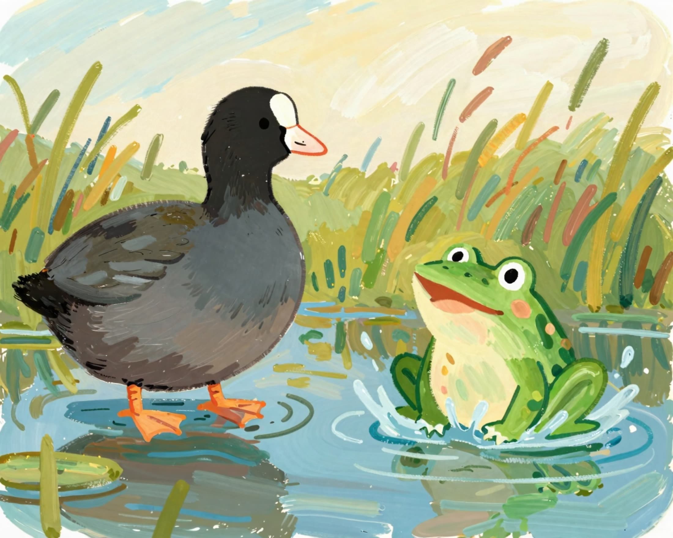 A hand-painted marsh illustration study with reeds, pale water, and soft storybook light.