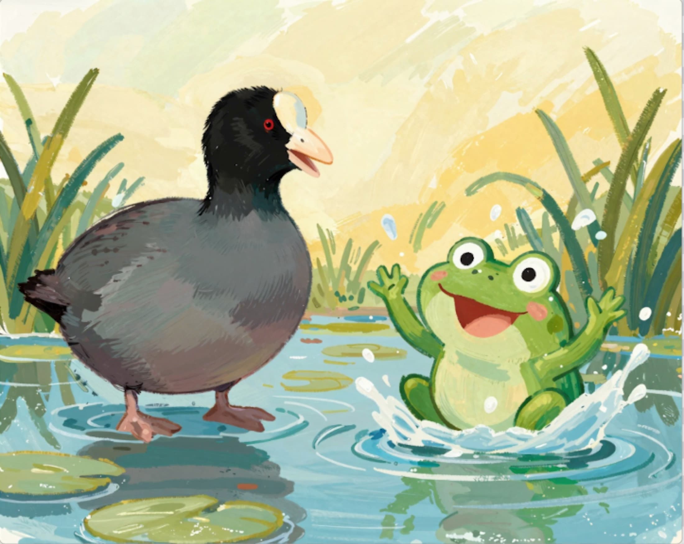 A revision-stage children's book illustration with marsh plants, water, and character placement.